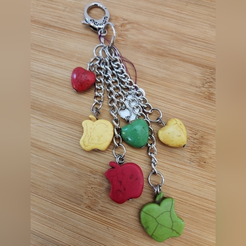 Hand Crafted Purse Charm Dangling Apples Hearts Red Yellow Green  Teacher Bag
